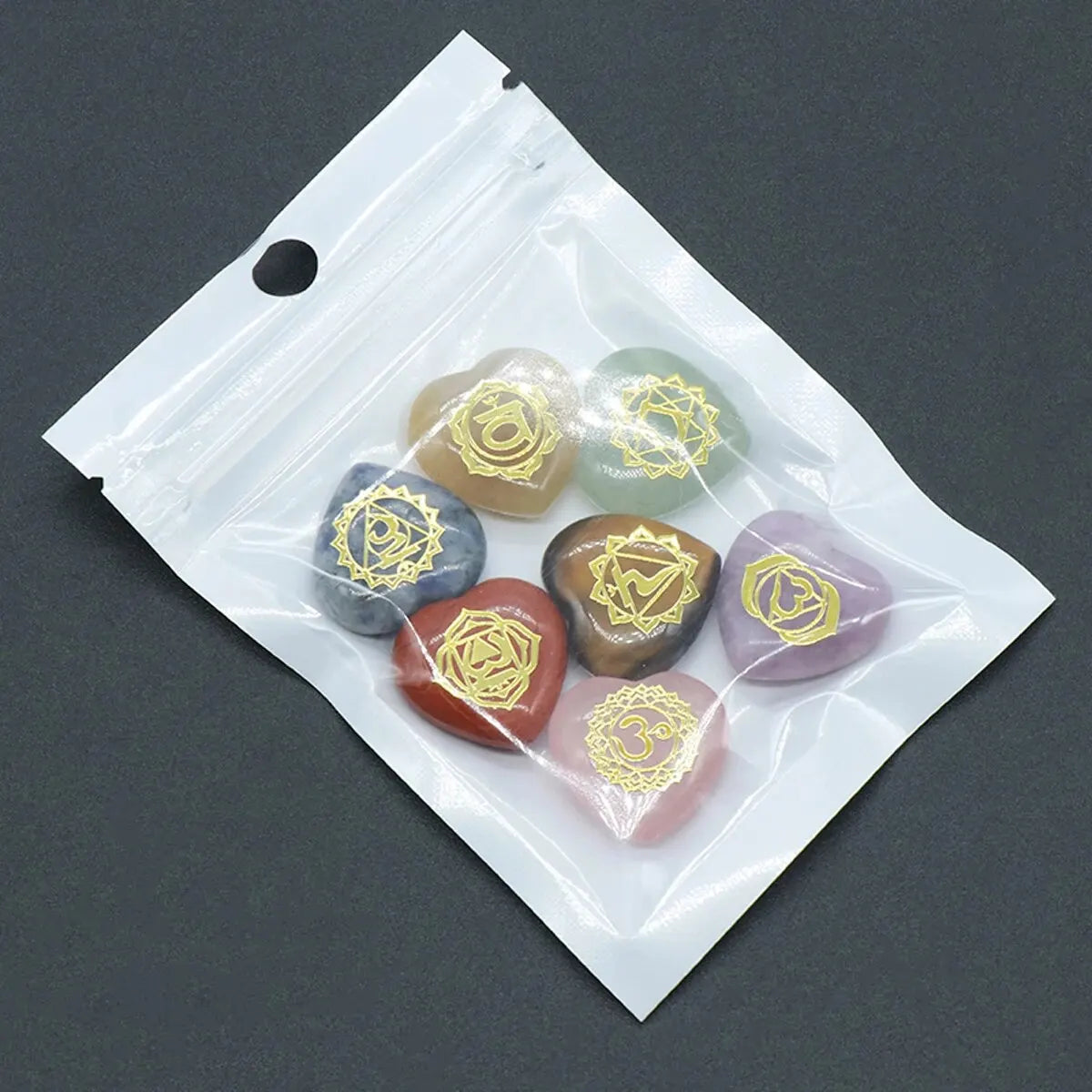 7pc/Pack Natural Stone Heart Shape Ornament 7 Chakra Amethyst Tiger Eye Energy Engraved Symbols Reiki Divination Healing 20x20mm