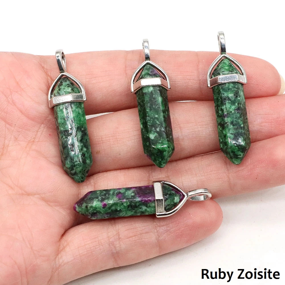 1PC Hexagonal Chakra Crystal Pendant Bullet Shape Natural Gemstone Pointed Quartz Stone Pendants for DIY Necklace Jewelry Making