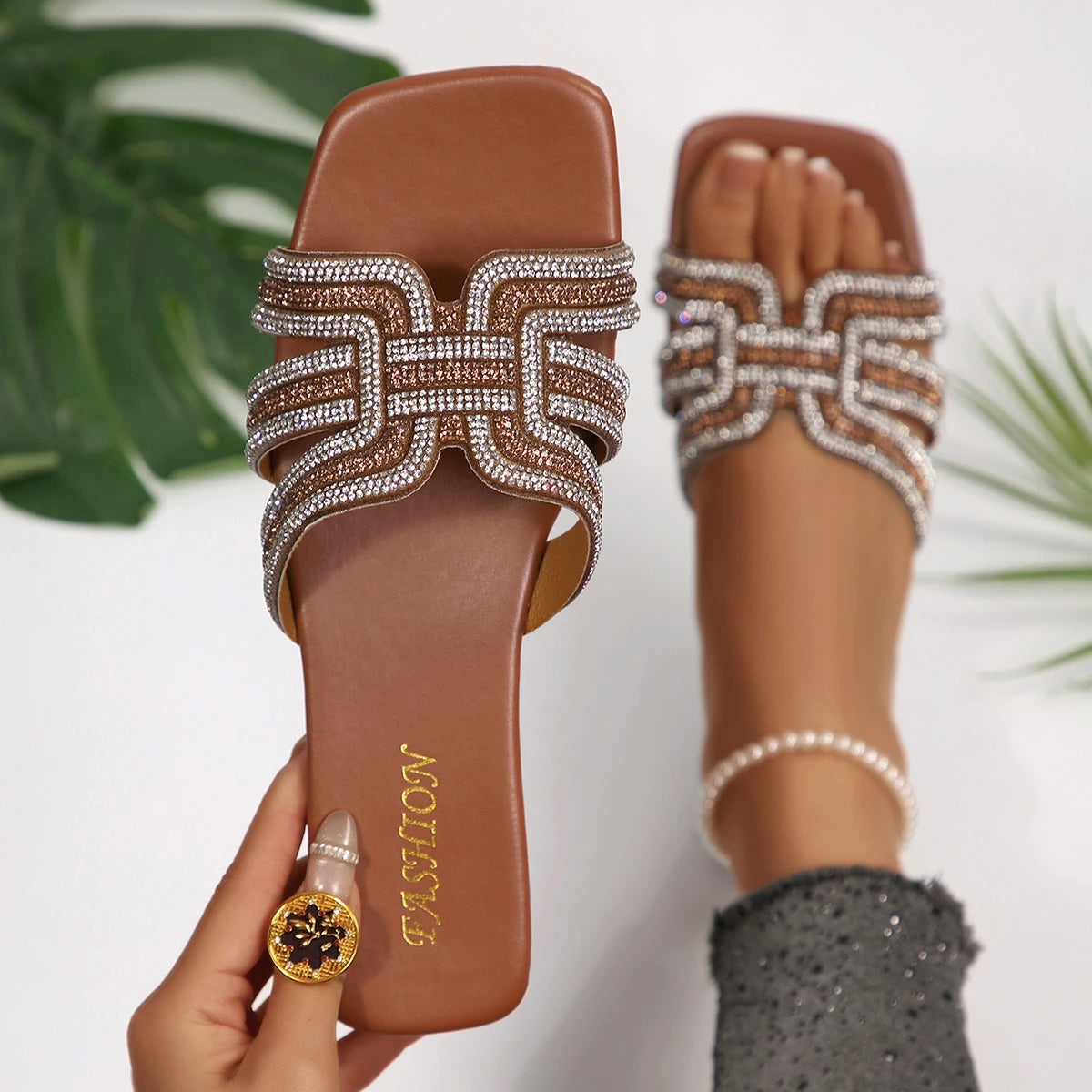 Brand Design Big Square Toe Pink Crystal Sandals Women Summer 2026 Flat Heels Shiny Rhinestones Slippers Woman Plus Size Slides