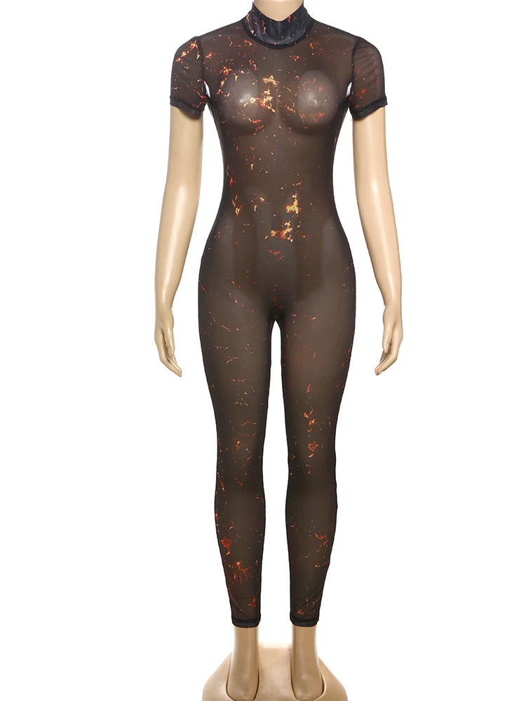 Nibber Colorful Print Jumpsuit Women Mesh  See Through Coquette Summer Backless Peach Buttocks Tight Activity Clubwear Overalls