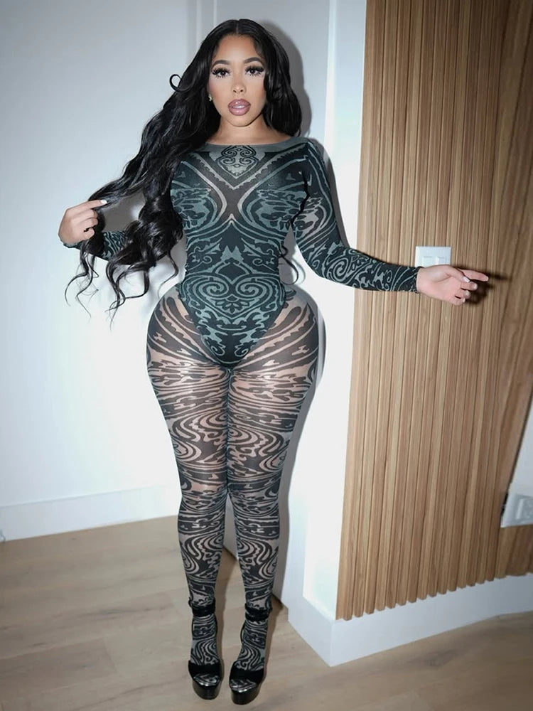 Sisterlinda Coquette Printed 2 Piece Set Stunning Mesh Full Sleeve Bodysuits+Sheer Skinny Pants Female Midnight Club Attirewear
