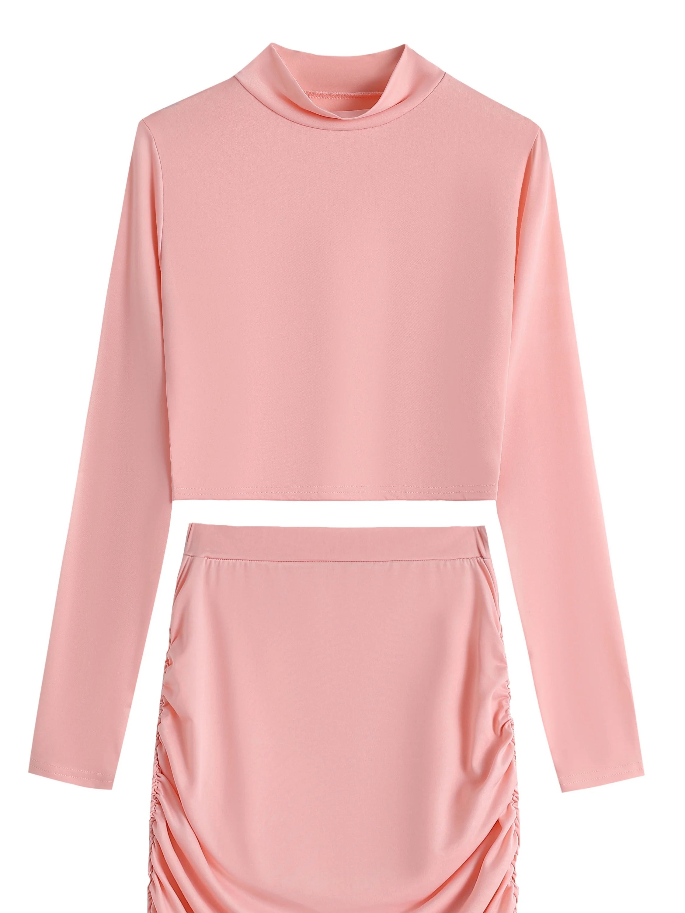 Sexy Bodycon 2pcs Set Long Sleeve Crop Top & High Waist Ruched Skirt Women's Clothing
