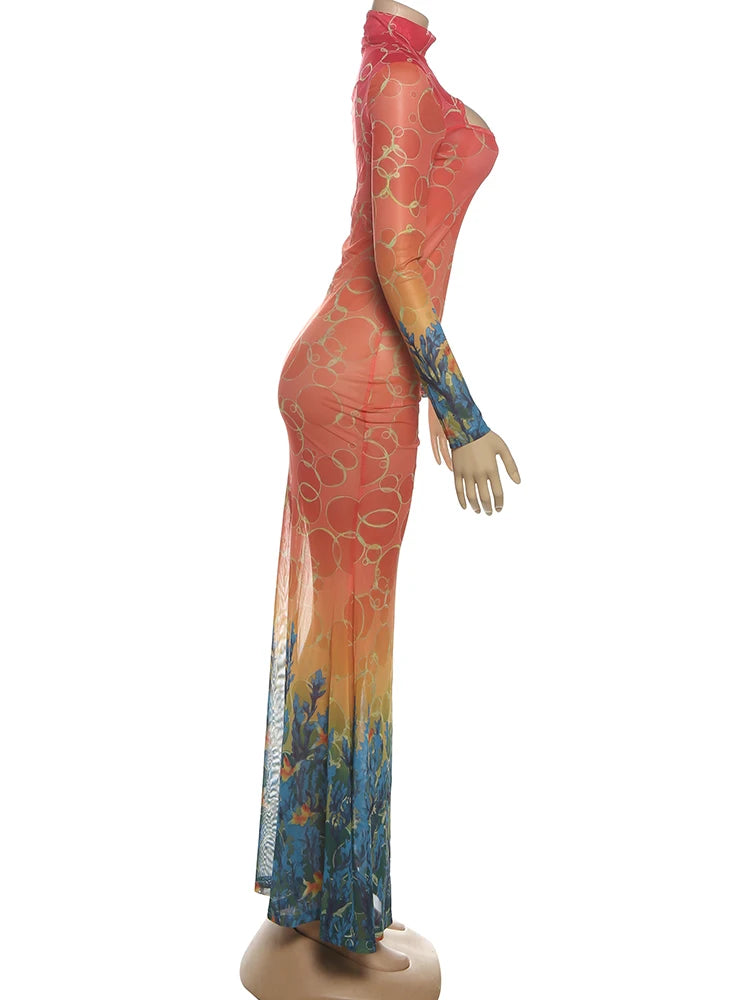 Weird Puss See Through Sexy Dress Women Hollow Hipster Colorful Print Skinny Stretch Midnight Party Clubwear Fishtail Bodycon