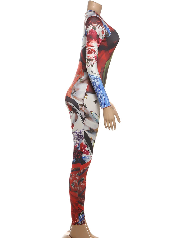 Weird Puss Colorful Print Jumpsuits Woman Fitness Casual Trend O-Neck Skinny Activity Streetwear Fall Stretch Hipster Overalls