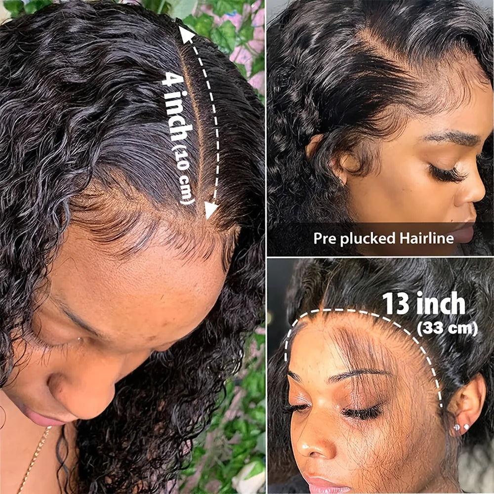 13x4 Natural Black 200 Density Deep Wave Brazilian Virgin Hair HD Transparent Lace wig Frontal Wig Pre plucked Wig For Women