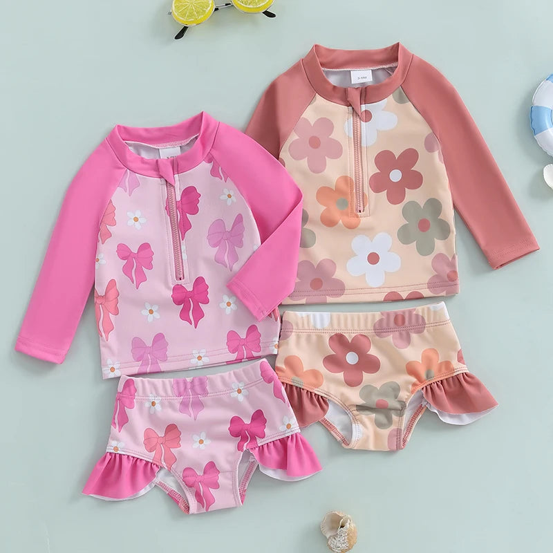 Baby Girls Bathing Suit Set Floral Long Sleeve Back Zip Up Rash Guard Swimsuit + Swim Shorts Infant Toddler Child Beachwear