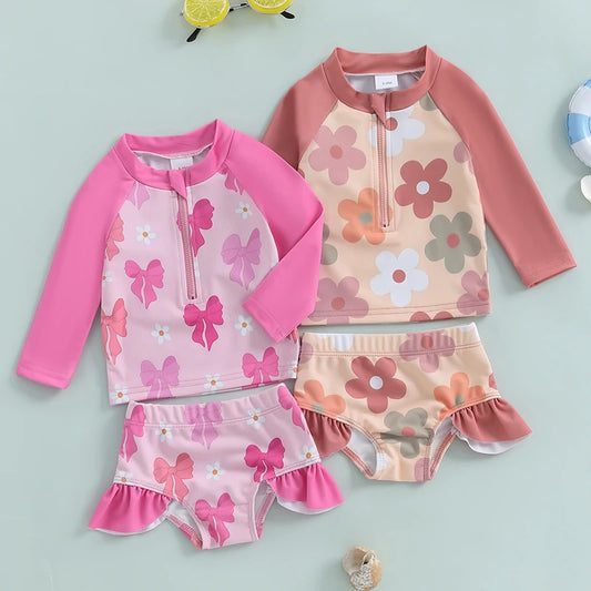 Baby Girls Bathing Suit Set Floral Long Sleeve Back Zip Up Rash Guard Swimsuit + Swim Shorts Infant Toddler Child Beachwear