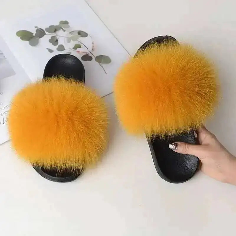 Ladies Real Fox Fur Slippers Summer Female Slides New Fuzzy Indoor Home Flats Women Cute Sandals Outdoor Beach Shoes Flip Flops