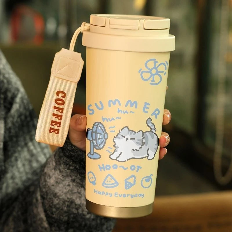 520ml Cute Cartoon Cat Insulated Cup High Appearance Stainless Steel Straw Cup Cold And Hot Insulation Double Drinking Cup