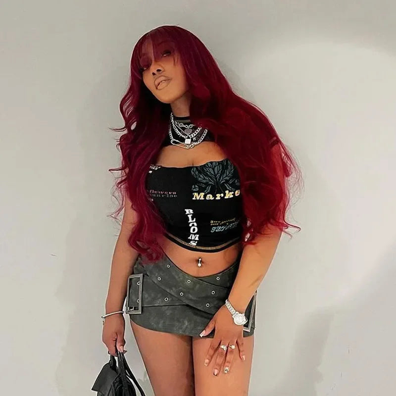 Hollow Out Crop Top Women Summer Aesthetic Clothes Printing Y2k Accessories O-Neck Ropa De Mujer Sexy Roupas Femininas Estilosas