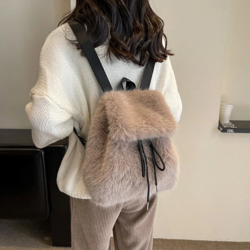 2026 Casual Faux Fur Backpack for Women Drawstring Flap Closure Large Capacity School Bag Trendy Travel