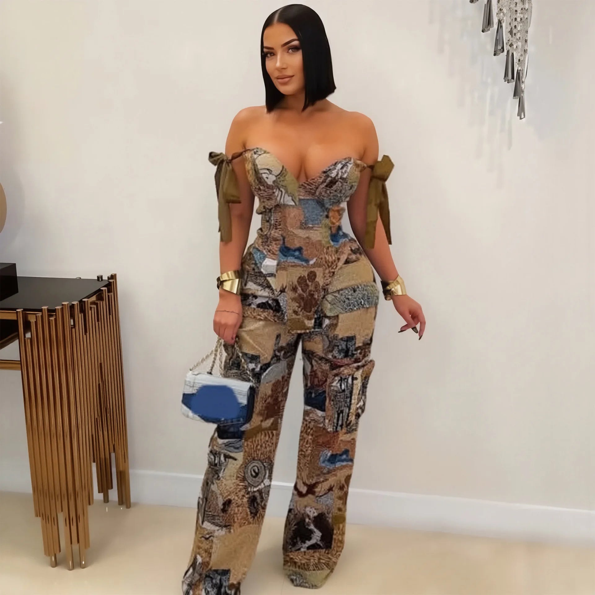 Oil Painting Printed Women's Set Lace Up Back Crop Top and Pants Suit 2025 Fall Winter Two 2 Piece Sets Outfit Tracksuit
