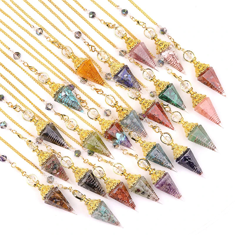 Natural Stone Golden Chain Seven Chakra Spirit Pendulum Gravel Resin Healing Pendant For Jewelry Making Accessories Necklace