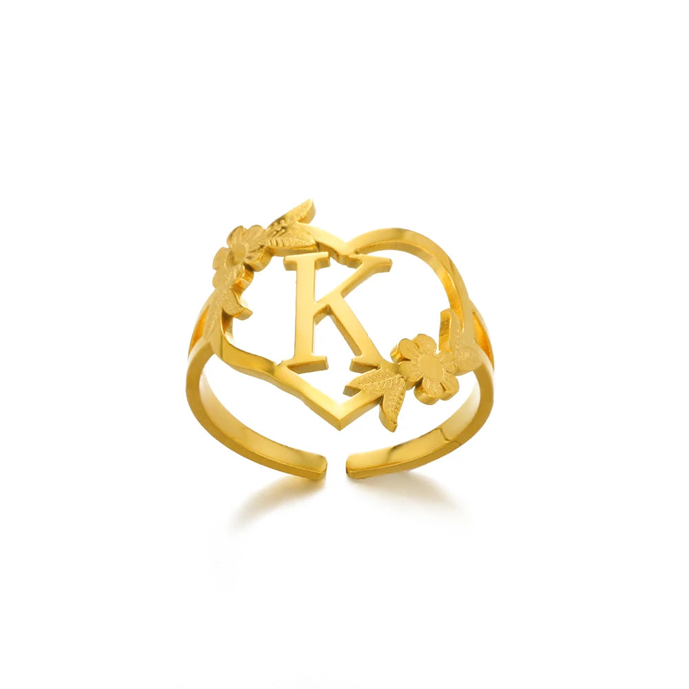 Stainless Steel Gold Color Heart A-Z Letter Rings For Women Anillos Mujer Love Open Initials Name Alphabet Ring Jewelry Gift
