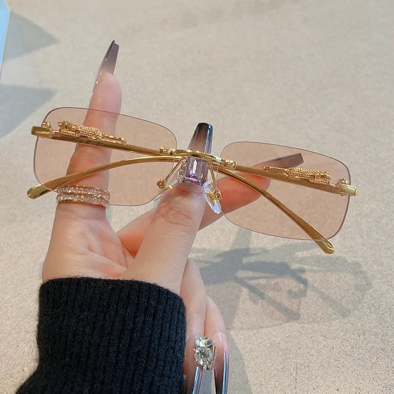 12pcs New Rimless Small Rectangle Sunglasses Fashion Y2K Frameless Sun Glasses Shades Leopard Decoration For Women Men UV400