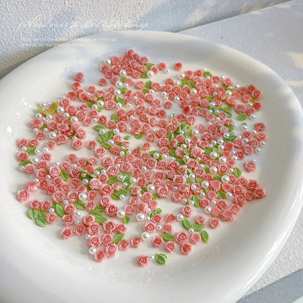 3D Mixed Size Nail Art Luxury Decoratons Rose Nail Charms Accessories 30pcs Pearl Resin Flower Pink Rose Red Supplies Parts DIY