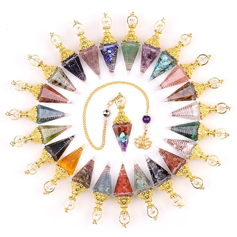 Natural Stone Golden Chain Seven Chakra Spirit Pendulum Gravel Resin Healing Pendant For Jewelry Making Accessories Necklace