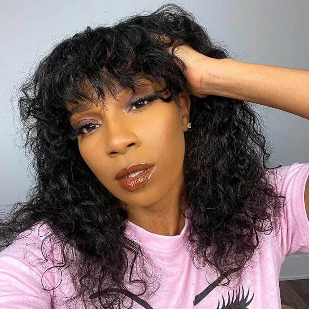 Curly Human Hair Wigs Machine Made Scalp Top Wig With Bangs  200% Density Shoulder-Grazing Curly Wig with Wispy Bangs