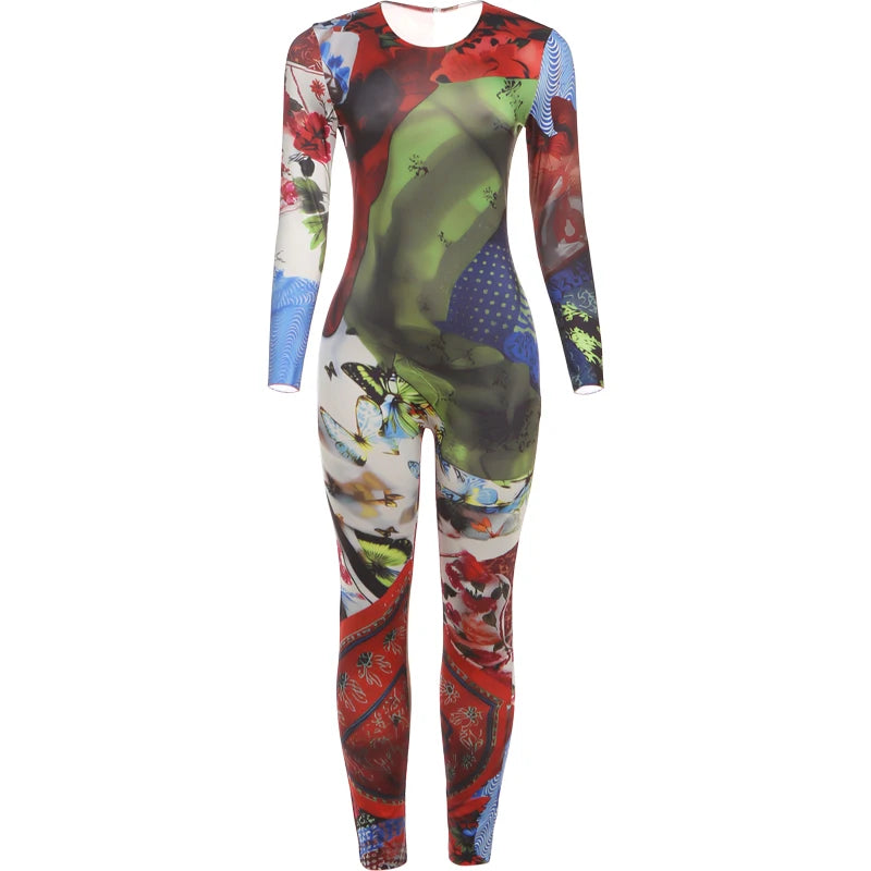 Weird Puss Colorful Print Jumpsuits Woman Fitness Casual Trend O-Neck Skinny Activity Streetwear Fall Stretch Hipster Overalls