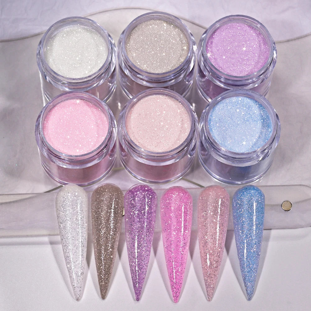 6Jars Glitter Nude Acrylic Nail Powder Set Pink Blue Glitter Acrylic Powder for Nail Extension French Manicure Nail Carving Tool