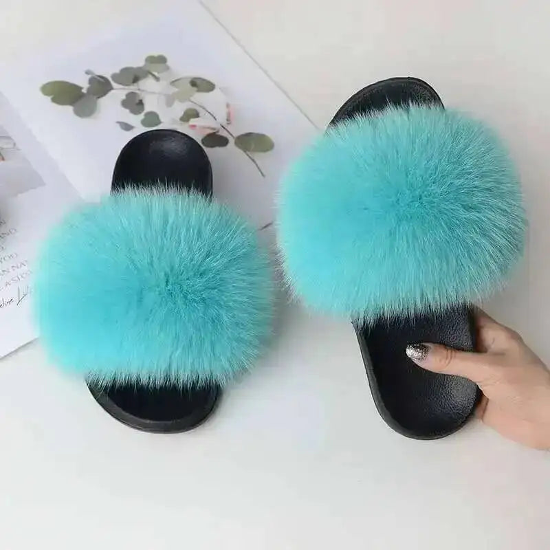 Ladies Real Fox Fur Slippers Summer Female Slides New Fuzzy Indoor Home Flats Women Cute Sandals Outdoor Beach Shoes Flip Flops