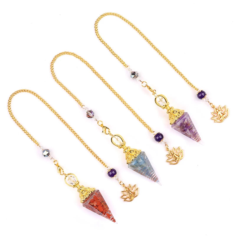 Natural Stone Golden Chain Seven Chakra Spirit Pendulum Gravel Resin Healing Pendant For Jewelry Making Accessories Necklace