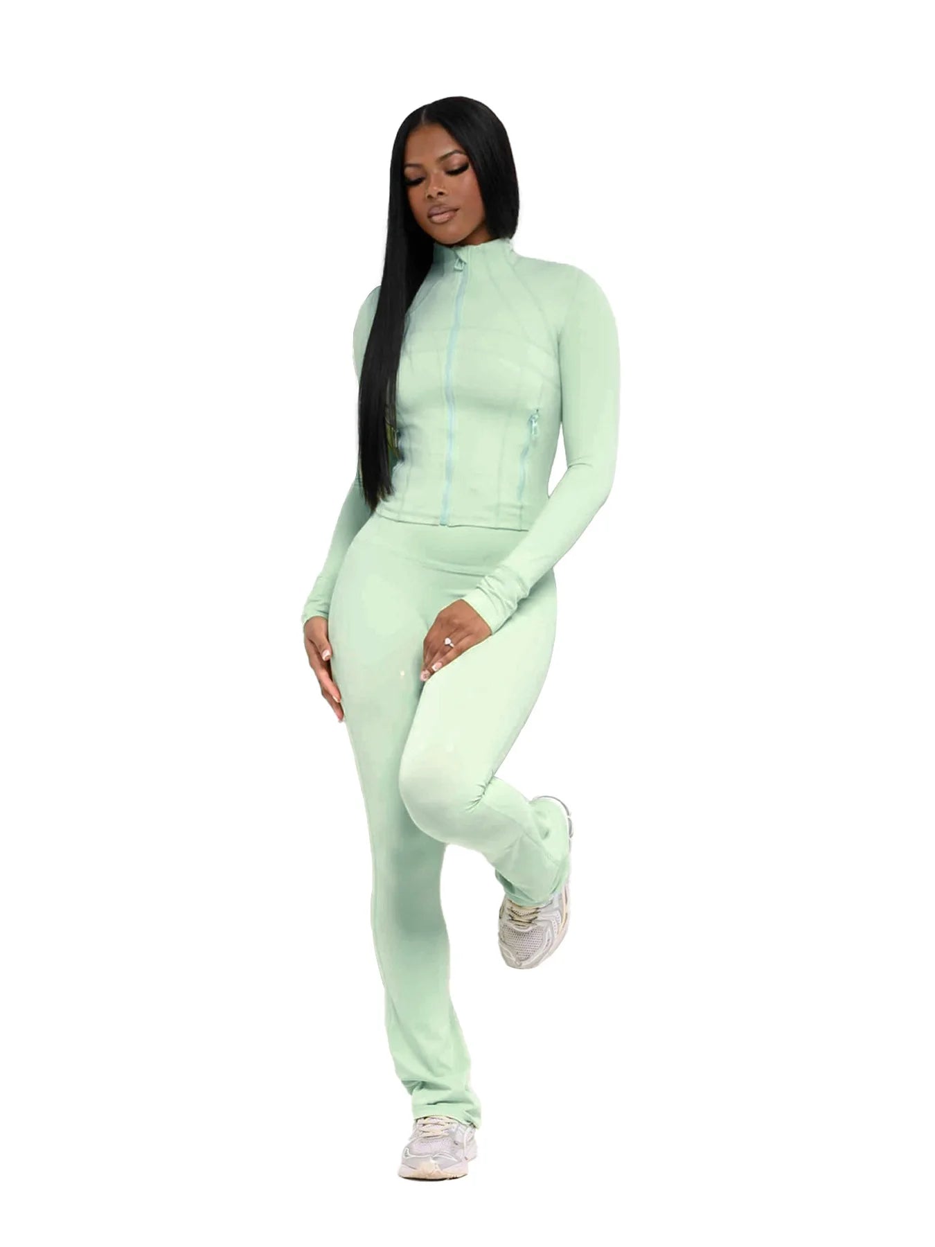 Pant Sets Two Piece Set Women Sexy Slim Fit Zipper Top Stand Collar Solid Sporty Casual Splice Flare Pants Elastic Waist