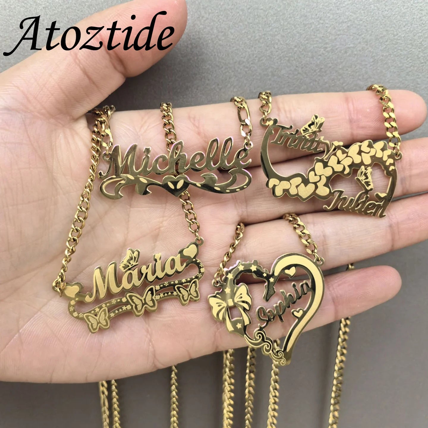 Atoztide Personalized Custom Name Necklace for Women Stainless Steel Heart Engrave Nameplate Choker Link Chain Jewelry Gifts