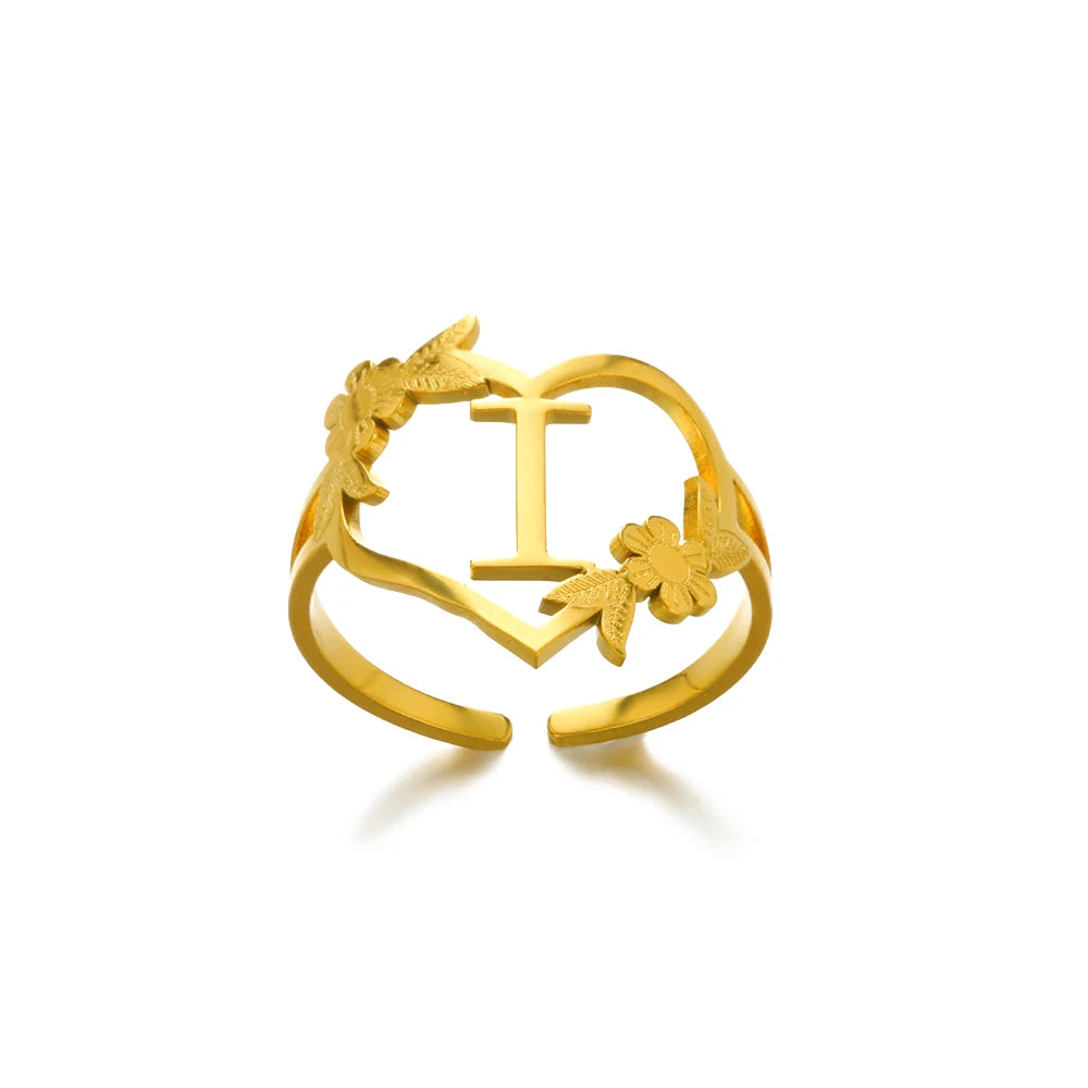 Stainless Steel Gold Color Heart A-Z Letter Rings For Women Anillos Mujer Love Open Initials Name Alphabet Ring Jewelry Gift