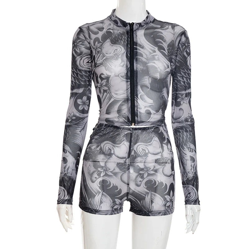 CUTENOVA Fall Women'S Sheer Patterned Print Set Zip-Up Crew Neck Long-Sleeve Top & Pleated Shorts Set Female Chic Streetwear