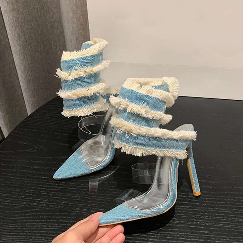 Denim Ankle Snake Strap Clear Heel Sandals