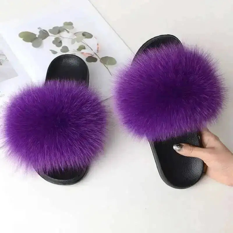 Ladies Real Fox Fur Slippers Summer Female Slides New Fuzzy Indoor Home Flats Women Cute Sandals Outdoor Beach Shoes Flip Flops