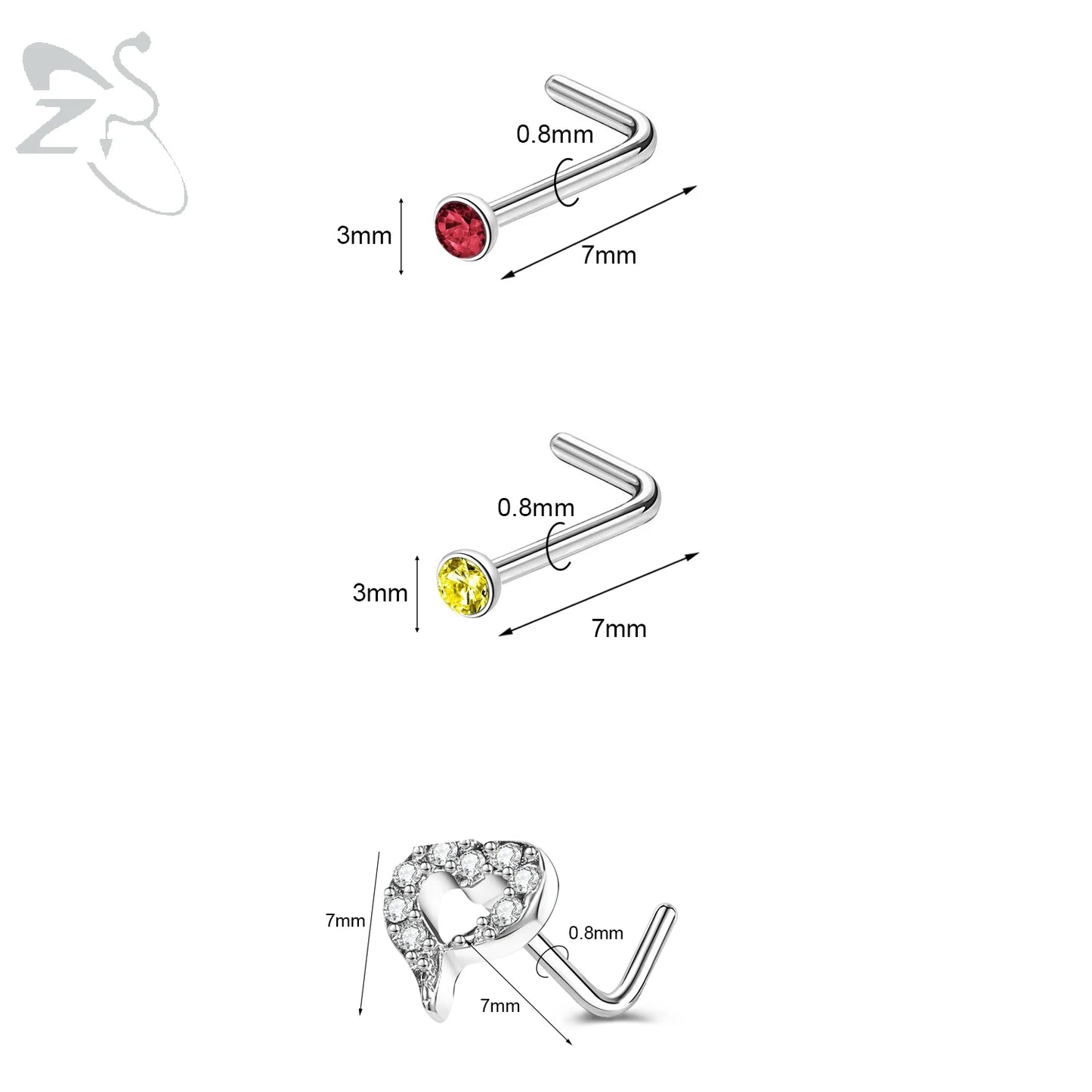 ZS 3pcs/lot 20G Stainless Steel Nose Stud Set Moon Heart Butterfly Crystal Nose Piercing Screw L Shape Nostril Piercing Jewelry