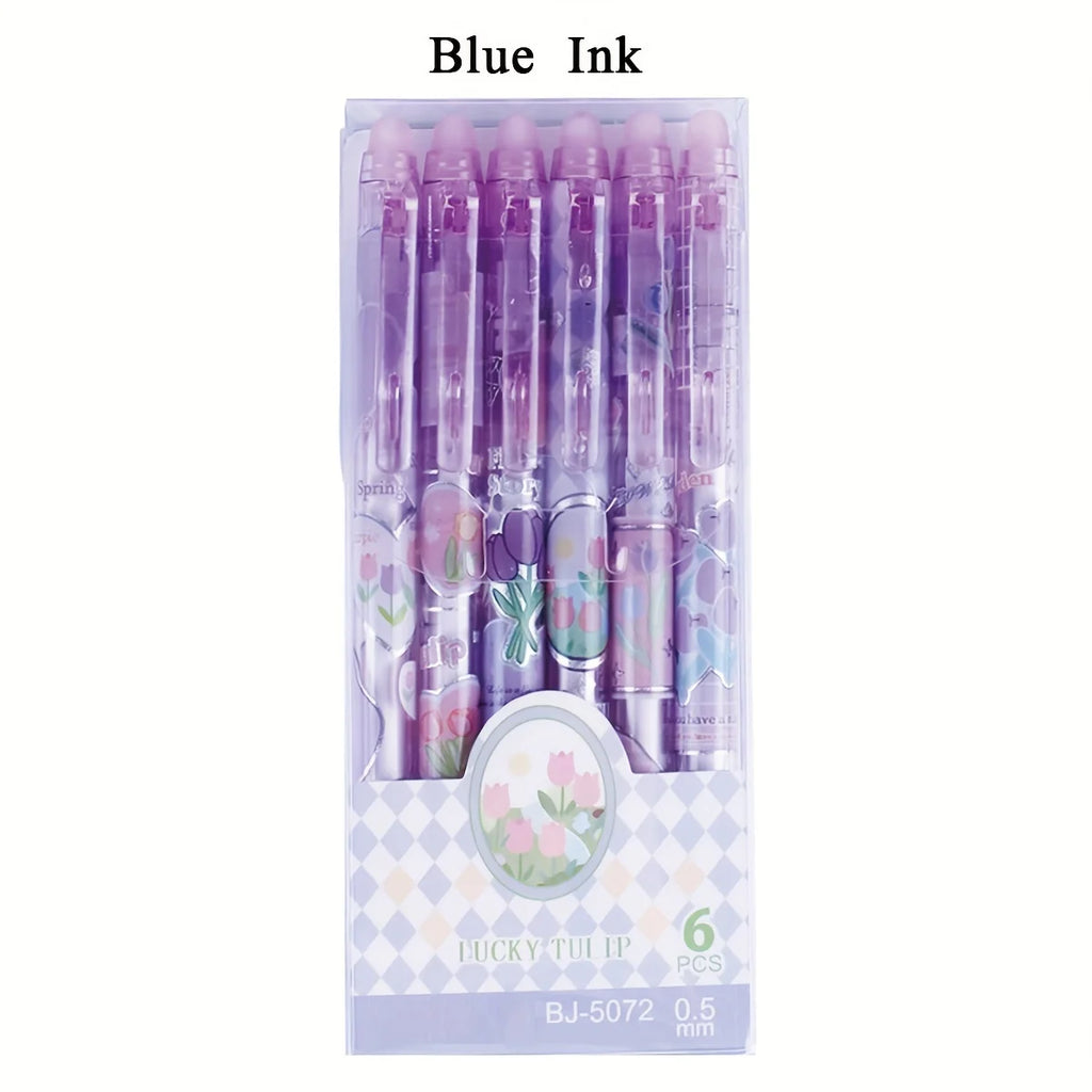 6pcs Tulip Erasable Black/Blue Gel Pens Kawaii Gel Pens With Erasers Korean Stationery Students Girl Gift School Office Supplies