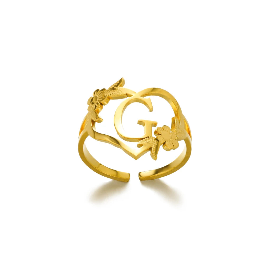Stainless Steel Gold Color Heart A-Z Letter Rings For Women Anillos Mujer Love Open Initials Name Alphabet Ring Jewelry Gift