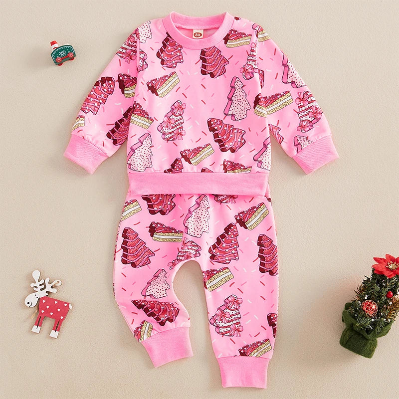 Toddler Baby Girl 2Pcs Christmas Outfits Long Sleeve Cake Print Sweatshirt + Pants Set Clothes