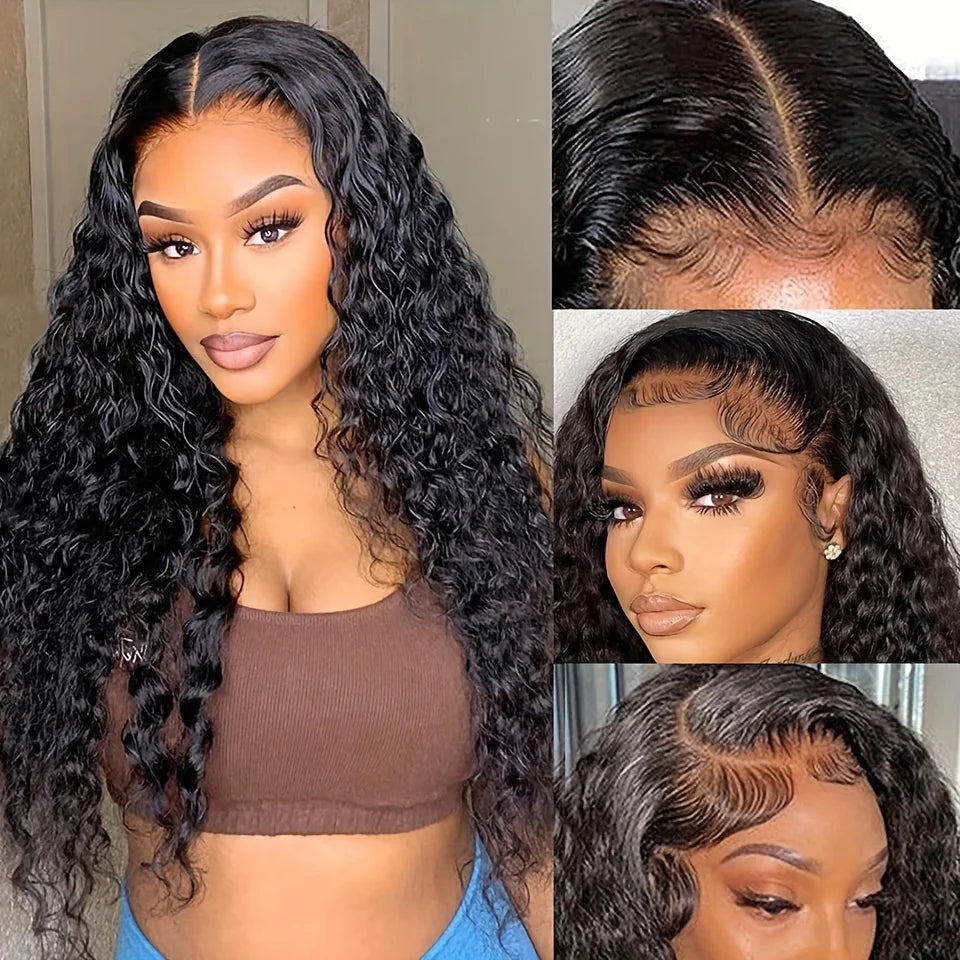 13x4 Natural Black 200 Density Deep Wave Brazilian Virgin Hair HD Transparent Lace wig Frontal Wig Pre plucked Wig For Women