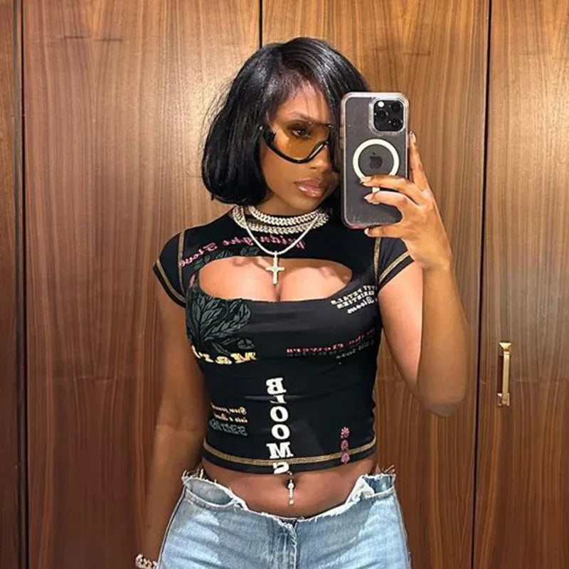 Hollow Out Crop Top Women Summer Aesthetic Clothes Printing Y2k Accessories O-Neck Ropa De Mujer Sexy Roupas Femininas Estilosas