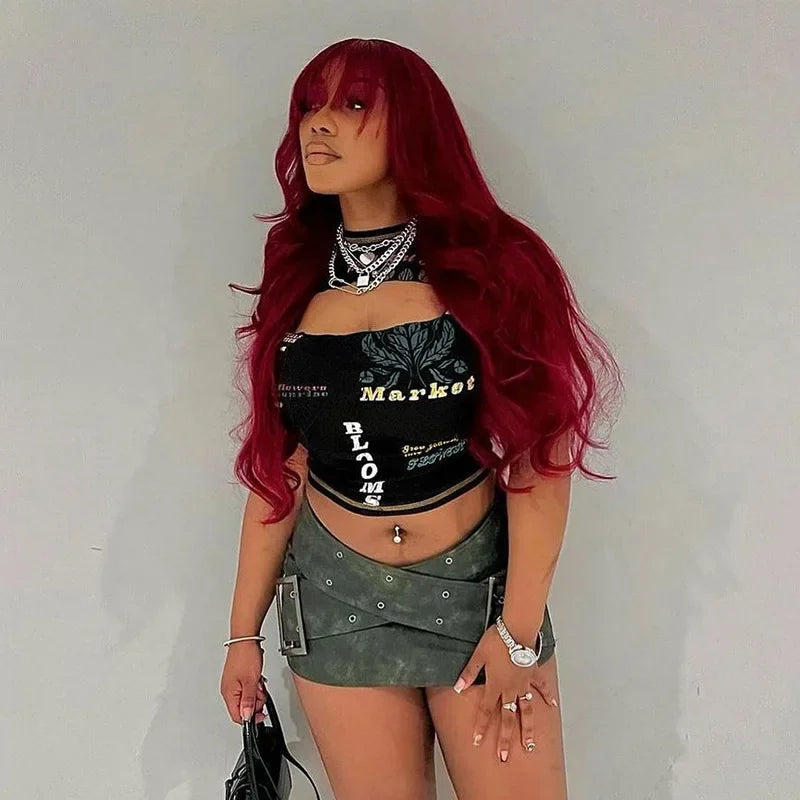 Hollow Out Crop Top Women Summer Aesthetic Clothes Printing Y2k Accessories O-Neck Ropa De Mujer Sexy Roupas Femininas Estilosas