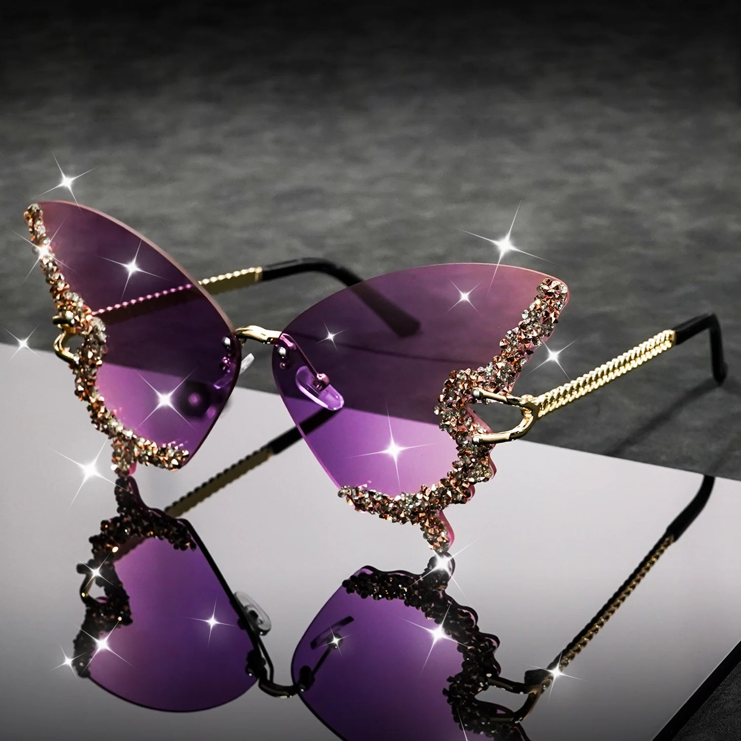 Butterfly Rimless Fashion Sunglasses for Women Men Bling Rhinestone Gradient Decorative Glasses for Costume Party