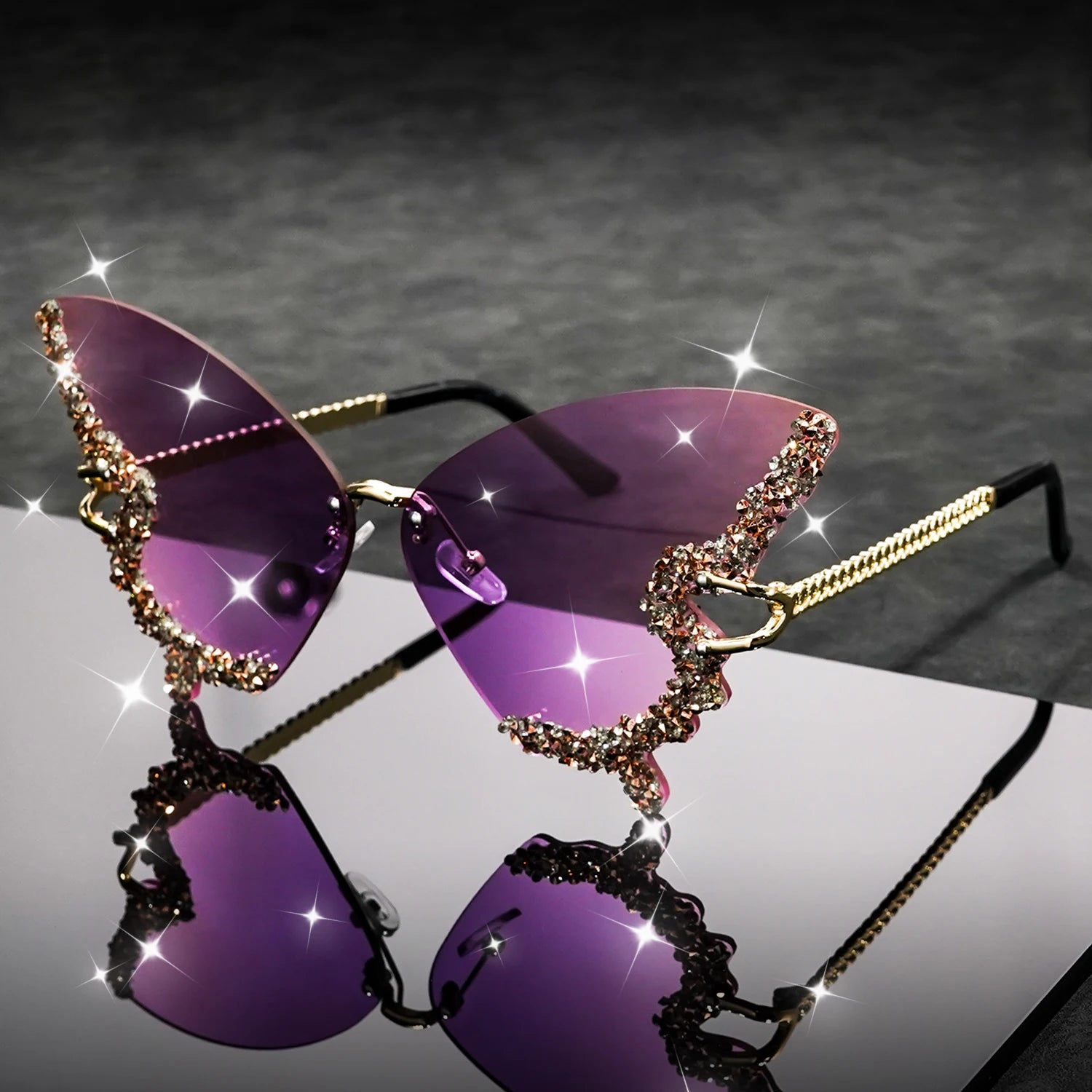 Butterfly Rimless Fashion Sunglasses for Women Men Bling Rhinestone Gradient Decorative Glasses for Costume Party