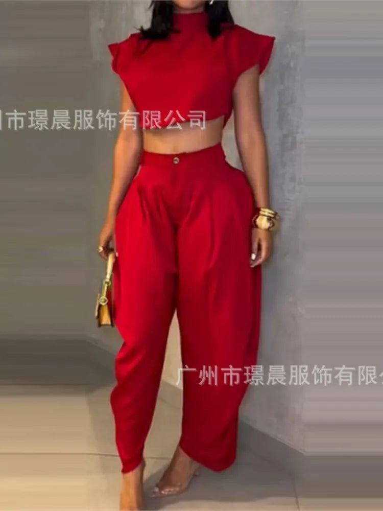 New Summer Fashion Women's High Waist Trousers Top Two-piece Set For Women Elegant Black Casual Two Piece Outfits Woman