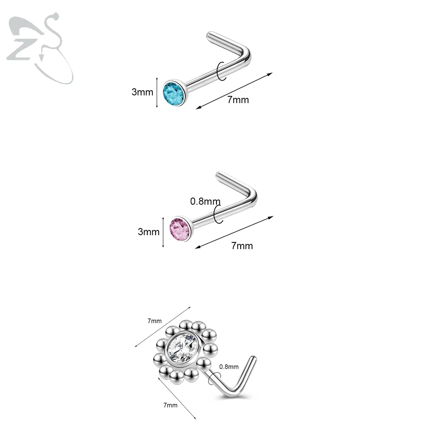 ZS 3pcs/lot 20G Stainless Steel Nose Stud Set Moon Heart Butterfly Crystal Nose Piercing Screw L Shape Nostril Piercing Jewelry