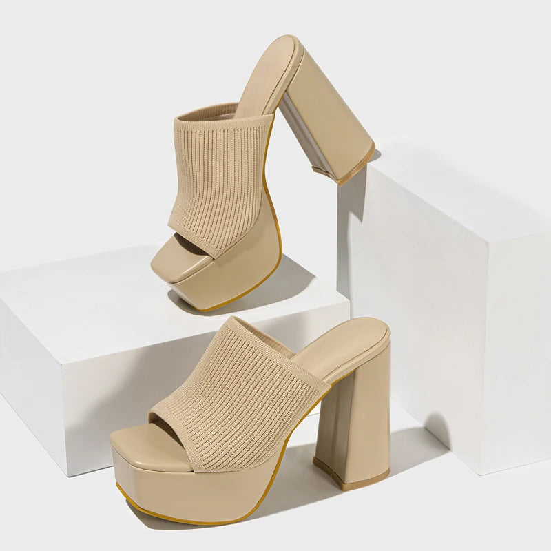 Aneikeh Summer Knitting Yarn Pleated Platform Rome Shallow Thick Bottom Peep Toe Thin Heels Women Sandals Slip-On Party Shoes