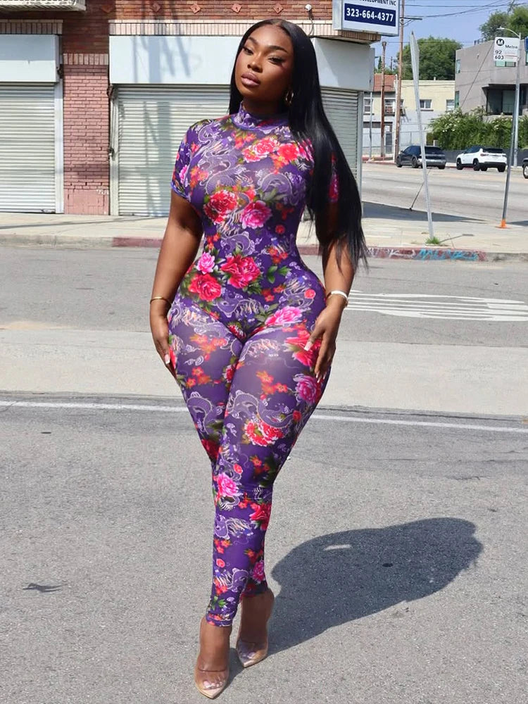 kliou Aesthetic Printed Women Jumpsuits Fashion Sexy Panelled Short Sleeve Backless Stand Collar Slim Overalls Mujer Clubwear