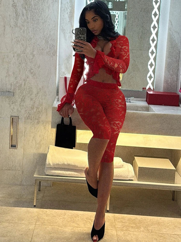 Nibber Summer Trend Jacquard Sexy Women 2 Piece Set Coquette Full Sleeve Ruffles Crop Tops+Bike Shorts Matching Clubwear Outfits