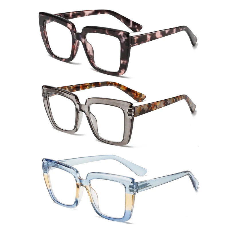 Three pairs of stylish and comfortable large-framed reading glasses, blue light protection, suitable for both men and women