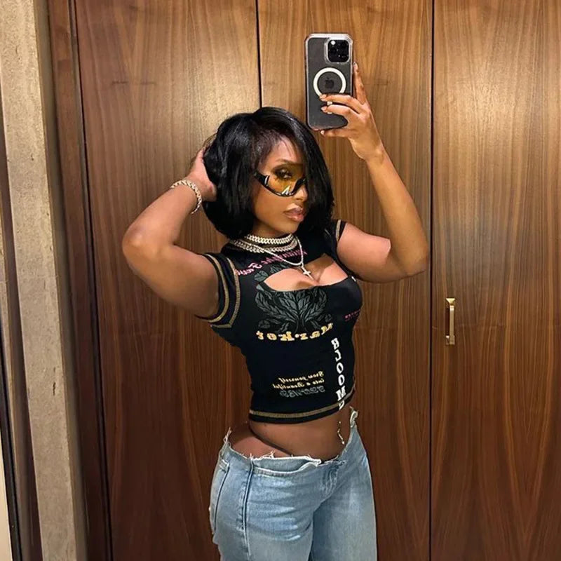 Hollow Out Crop Top Women Summer Aesthetic Clothes Printing Y2k Accessories O-Neck Ropa De Mujer Sexy Roupas Femininas Estilosas