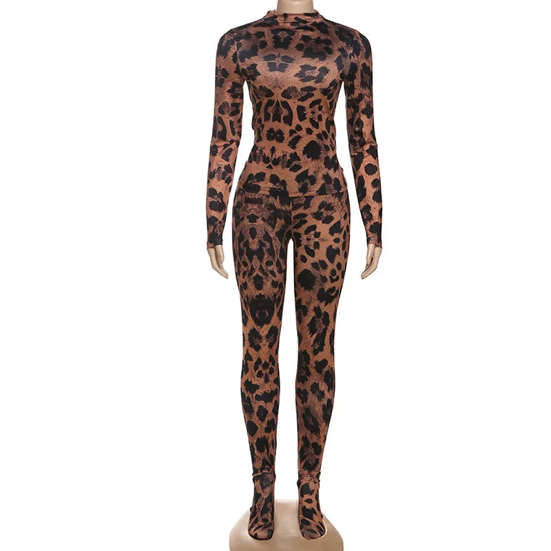 FAGADOER Sexy Leopard Print Two Piece Outfits Woman Round Neck Long Sleeves Crop Top and Skiny Pants Female Streetwear Clothing