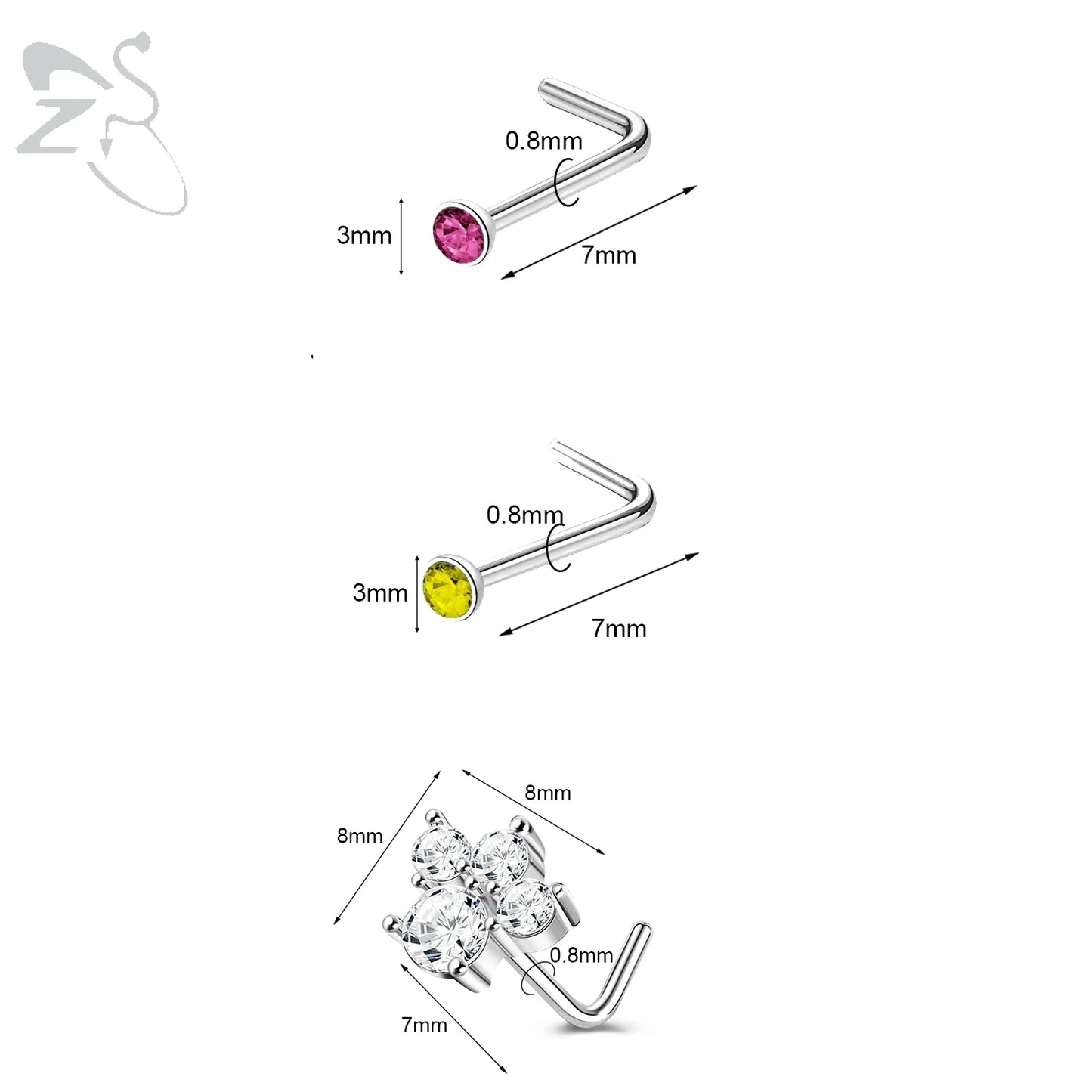 ZS 3pcs/lot 20G Stainless Steel Nose Stud Set Moon Heart Butterfly Crystal Nose Piercing Screw L Shape Nostril Piercing Jewelry